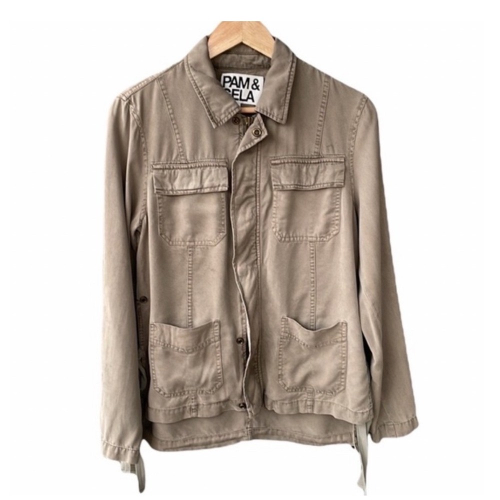 Pam & Gela Jacket Utility Coat Olive Green Tencel Side Ties Casual Size Small - Picture 2 of 10